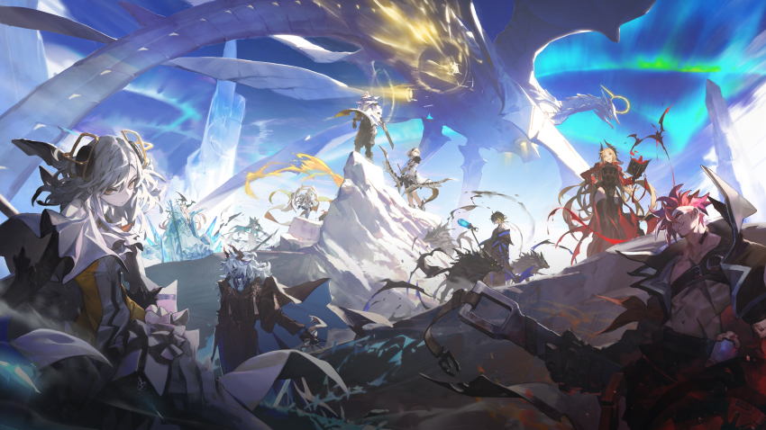 3boys, 6+girls, absurdres, alchemy_stars, aurora, bethlehem_(alchemy_stars), black_jacket, black_legwear