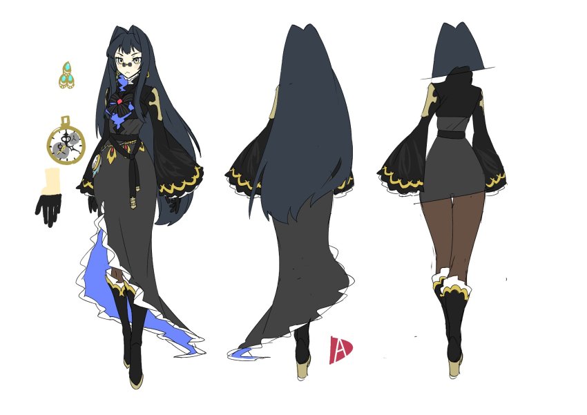 1girl, alchemy_stars, allura_(alchemy_stars), black_dress, black_footwear, black_hair, boots, brown_legwear, chinese_commentary, collared_dress, commentary_request, concept_art, dress, earrings, glasses, gloves, hair_intakes, highres, jewelry, long_dress, long_hair, long_sleeves, multiple_views, pince-nez, pocket_watch, popped_collar, redauto, round_eyewear, sidelocks, simple_background, sketch, watch, white_background, wide_sleeves
