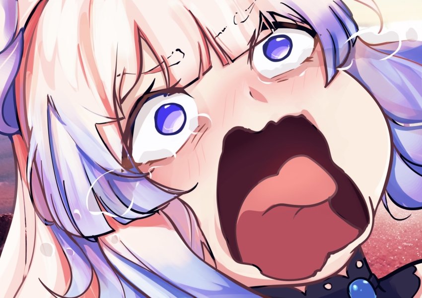 1girl, blue_eyes, blunt_bangs, crying, crying_aqua_(meme), crying_with_eyes_open, genshin_impact, highres, kono_subarashii_sekai_ni_shukufuku_wo!, long_hair, mao_jing, meme, open_mouth, parody, pink_hair, portrait, sangonomiya_kokomi, screaming, solo, style_parody, tears