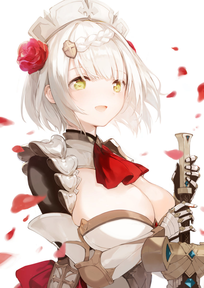 1girl, armor, ascot, braid, breasts, cleavage, flower, fujiyama