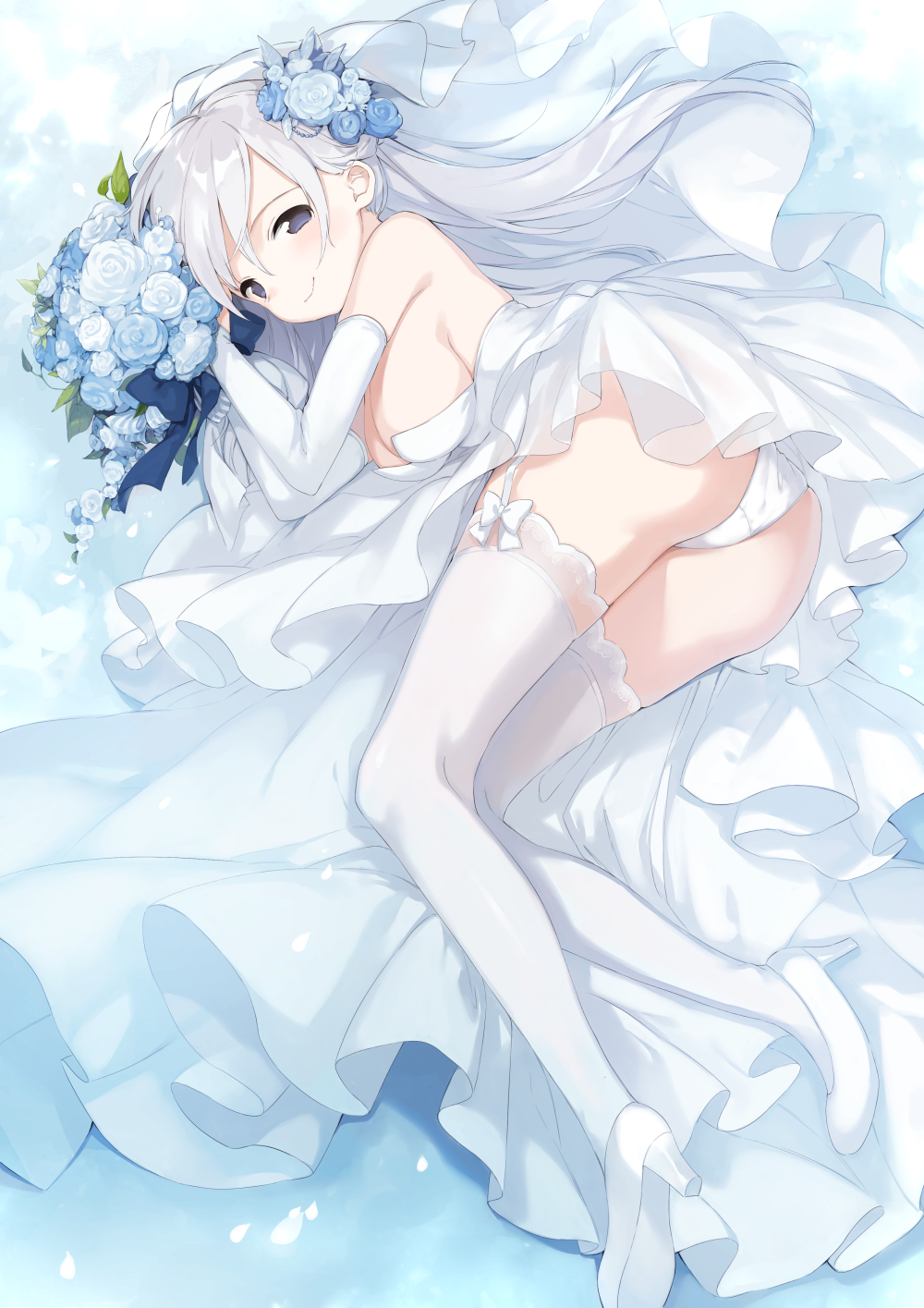 1girl, ass, bare_shoulders, blue_flower, bouquet, breasts, bridal_veil, bride