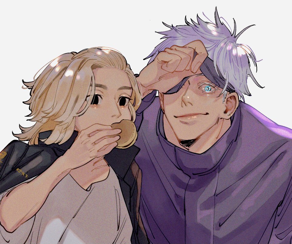 2boys, black_eyes, black_jacket, blindfold, blindfold_lift, blonde_hair, blue_eyes, closed_mouth