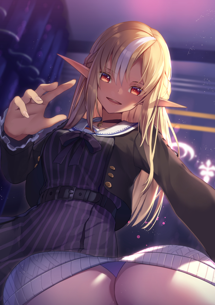 2girls, amanuki-san, black_jacket, blonde_hair, breasts, ceiling, dark-skinned_female, dark_skin