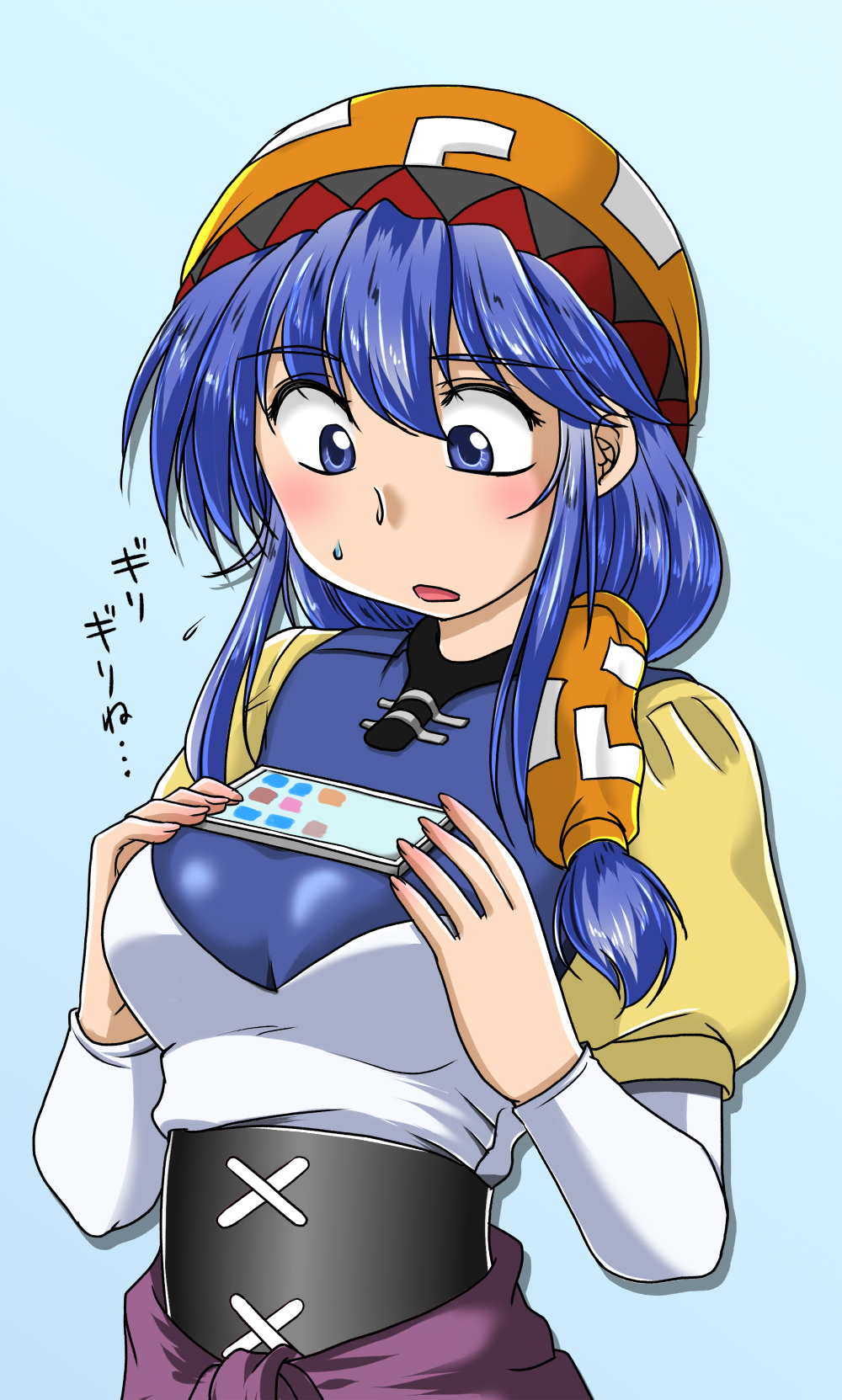 1girl, bandana, blue_eyes, blue_hair, blush, breasts, cellphone, dress