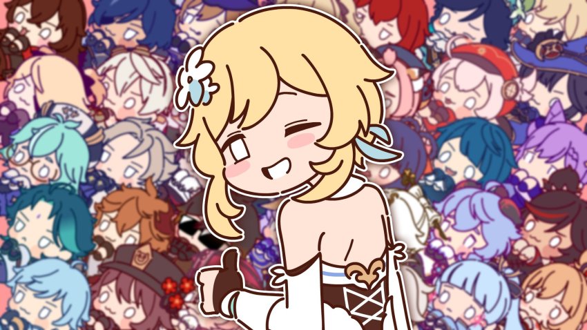 6+boys, 6+girls, :d, :p, ;d, ^_^, ahoge, albedo_(genshin_impact), amber_(genshin_impact), animal_ears, animal_hood, ayaka_(genshin_impact), barbara_(genshin_impact), beidou_(genshin_impact), bennett_(genshin_impact), black_bodysuit, blonde_hair, blunt_bangs, blurry, blush_stickers, bodysuit, breasts, cabbage, carrying, cat_ears, cat_girl, cat_tail, chibi, chinese_clothes, choker, chongyun_(genshin_impact), cleavage, closed_eyes, clover_print, commentary, depth_of_field, detached_sleeves, diluc_(genshin_impact), diona_(genshin_impact), dress, eula_(genshin_impact), eyepatch, eyes_visible_through_hair, fake_animal_ears, fake_tail, fischl_(genshin_impact), flower, from_behind, gameplay_mechanics, ganyu_(genshin_impact), genshin_impact, goggles, goggles_around_neck, goggles_on_head, hair_between_eyes, hair_flower, hair_ornament, hairband, hairclip, hat, highres, hood, hu_tao_(genshin_impact), japanese_clothes, jean_(genshin_impact), kaedehara_kazuha, kaeya_(genshin_impact), keqing_(genshin_impact), kkomdastro, klee_(genshin_impact), kujou_sara, leaf, leaf_on_head, lisa_(genshin_impact), long_hair, long_sleeves, looking_back, low_ponytail, low_twintails, lumine_(genshin_impact), mask, mask_on_head, mole, mole_under_eye, mona_(genshin_impact), multiple_boys, multiple_girls, navel, ningguang_(genshin_impact), ninja, noelle_(genshin_impact), obi, one_eye_closed, open_mouth, pointy_ears, ponytail, puffy_detached_sleeves, puffy_shorts, puffy_sleeves, push-button, qiqi_(genshin_impact), raccoon_ears, raccoon_tail, raiden_shogun, razor_(genshin_impact), rosaria_(genshin_impact), sangonomiya_kokomi, sash, sayu_(genshin_impact), scarf, short_hair, short_hair_with_long_locks, short_sleeves, shorts, sidelocks, smile, sucrose_(genshin_impact), sunglasses, untranslatable_commentary, tail, tartaglia_(genshin_impact), tengu_mask, thighhighs, thumbs_up, tongue, tongue_out, twintails, v-shaped_eyebrows, venti_(genshin_impact), vision_(genshin_impact), white_dress, white_scarf, wide_sleeves, witch_hat, xiangling_(genshin_impact), xiao_(genshin_impact), xingqiu_(genshin_impact), xinyan_(genshin_impact), yanfei_(genshin_impact), yoimiya_(genshin_impact), zettai_ryouiki, zhongli_(genshin_impact)