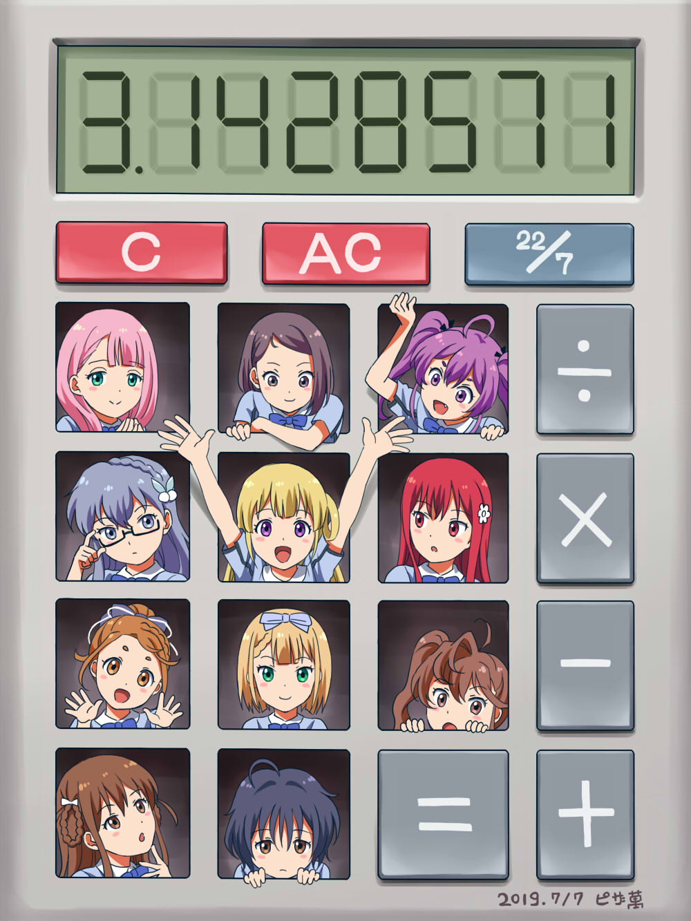 2019, 22/7, 6+girls, blonde_hair, bow, brown_eyes, brown_hair, calculator