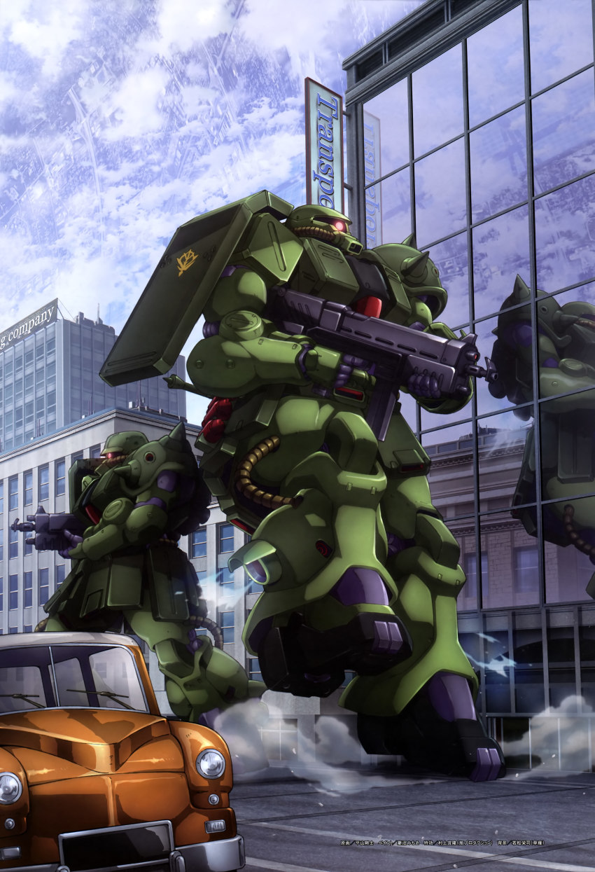 absurdres, billboard, car, city, colony_interior, glass, gun, gundam