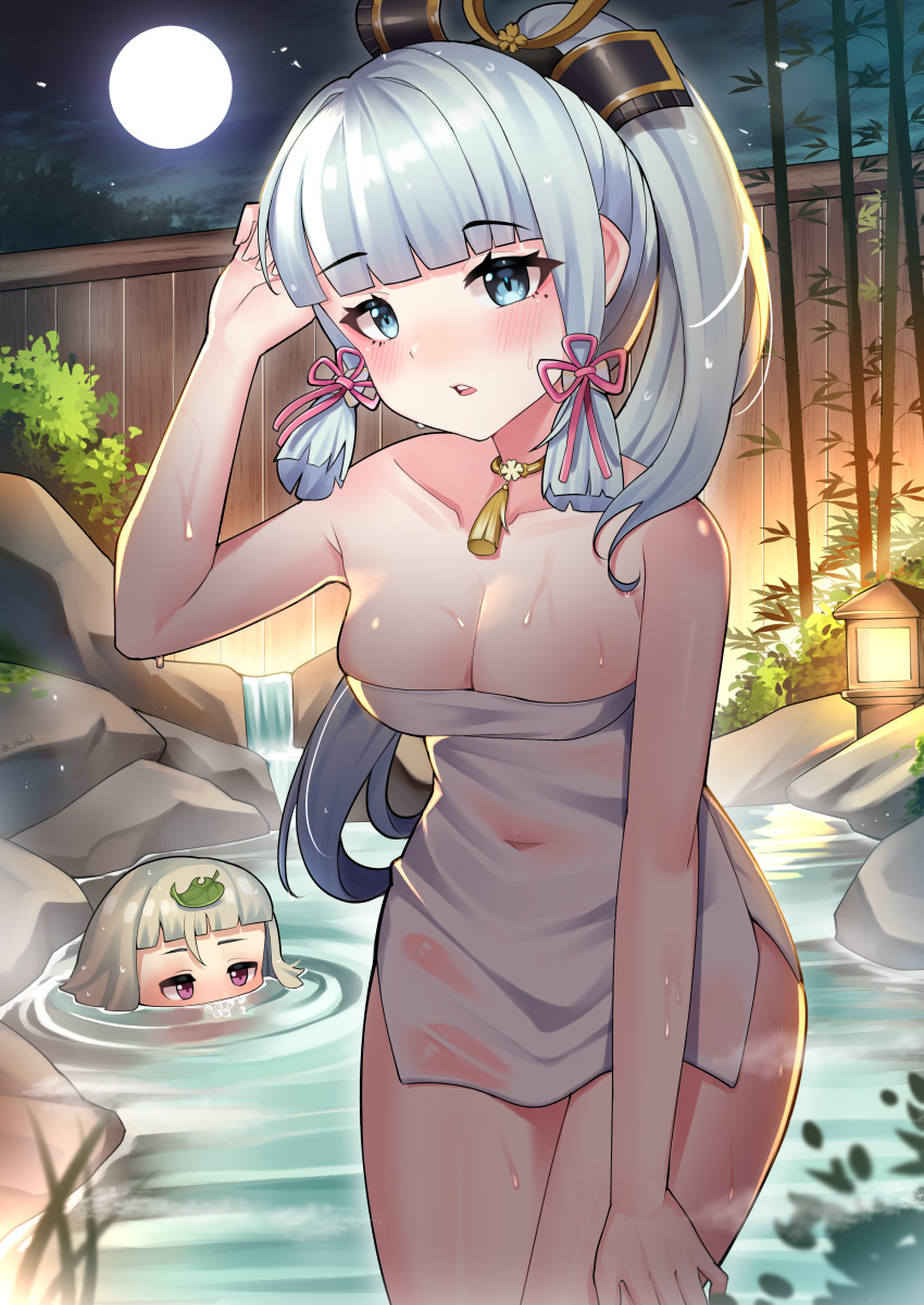 2girls, absurdres, ayaka_(genshin_impact), bamboo, bathing, blue_eyes, blue_hair, blunt_bangs, breasts, bubble, bush, choker, cleavage, collarbone, covered_navel, fence, full_moon, genshin_impact, hair_ribbon, hand_up, high_ponytail, highres, lamp, leaf, leaf_on_head, libratul, light_blue_hair, long_hair, medium_breasts, mole, mole_under_eye, moon, multiple_girls, naked_towel, night, onsen, parted_lips, partially_submerged, ponytail, purple_eyes, ribbon, ripples, rock, sayu_(genshin_impact), see-through_clothes, short_hair, sidelocks, silver_hair, solo_focus, standing, tassel, teeth, thighs, towel, tress_ribbon, upper_teeth_only, very_long_hair, water, waterfall, wet, wet_hair, wet_towel, wooden_fence