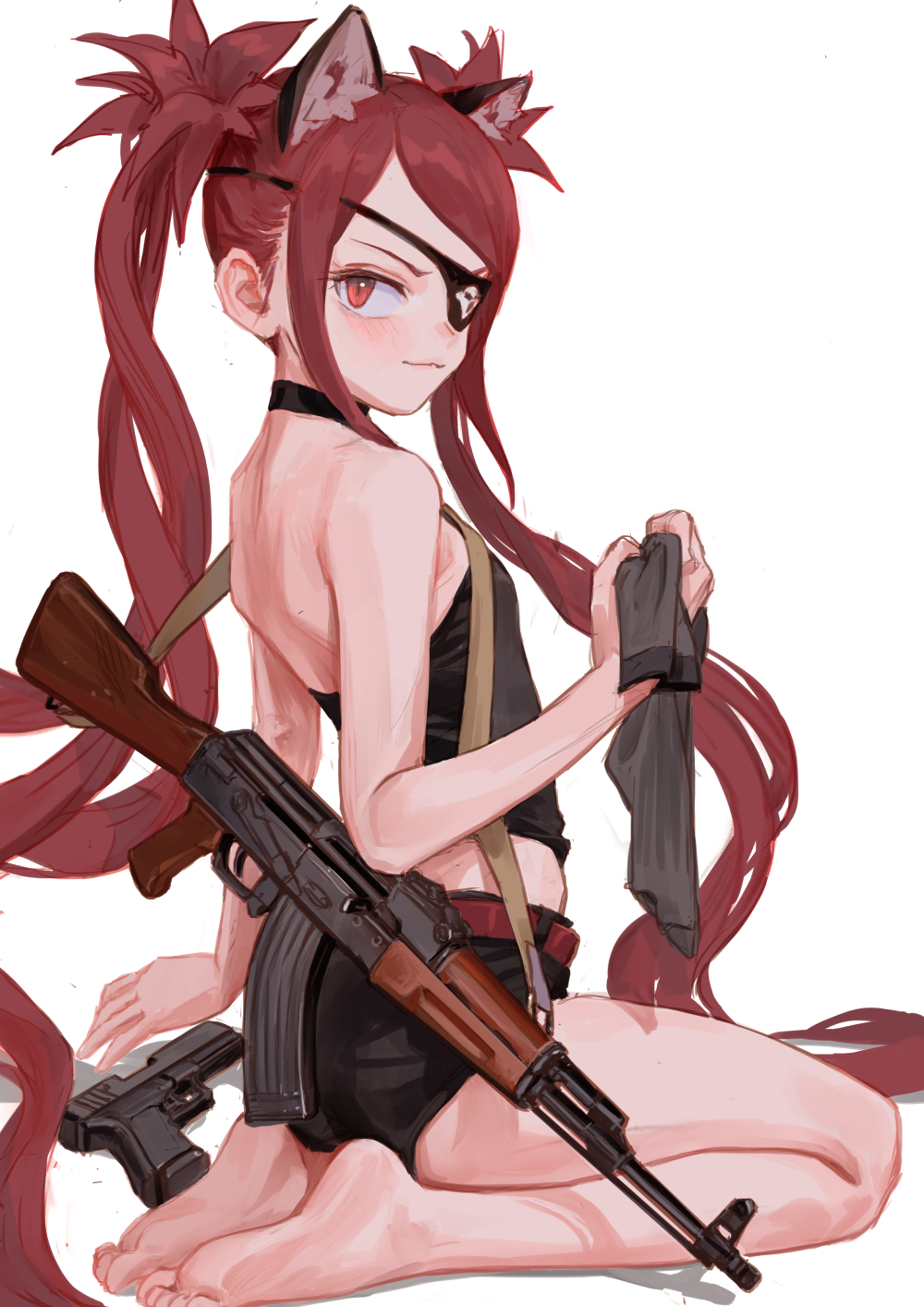 1girl, :3, ak-47, akm, animal_ears, assault_rifle, bare_legs, bare_shoulders