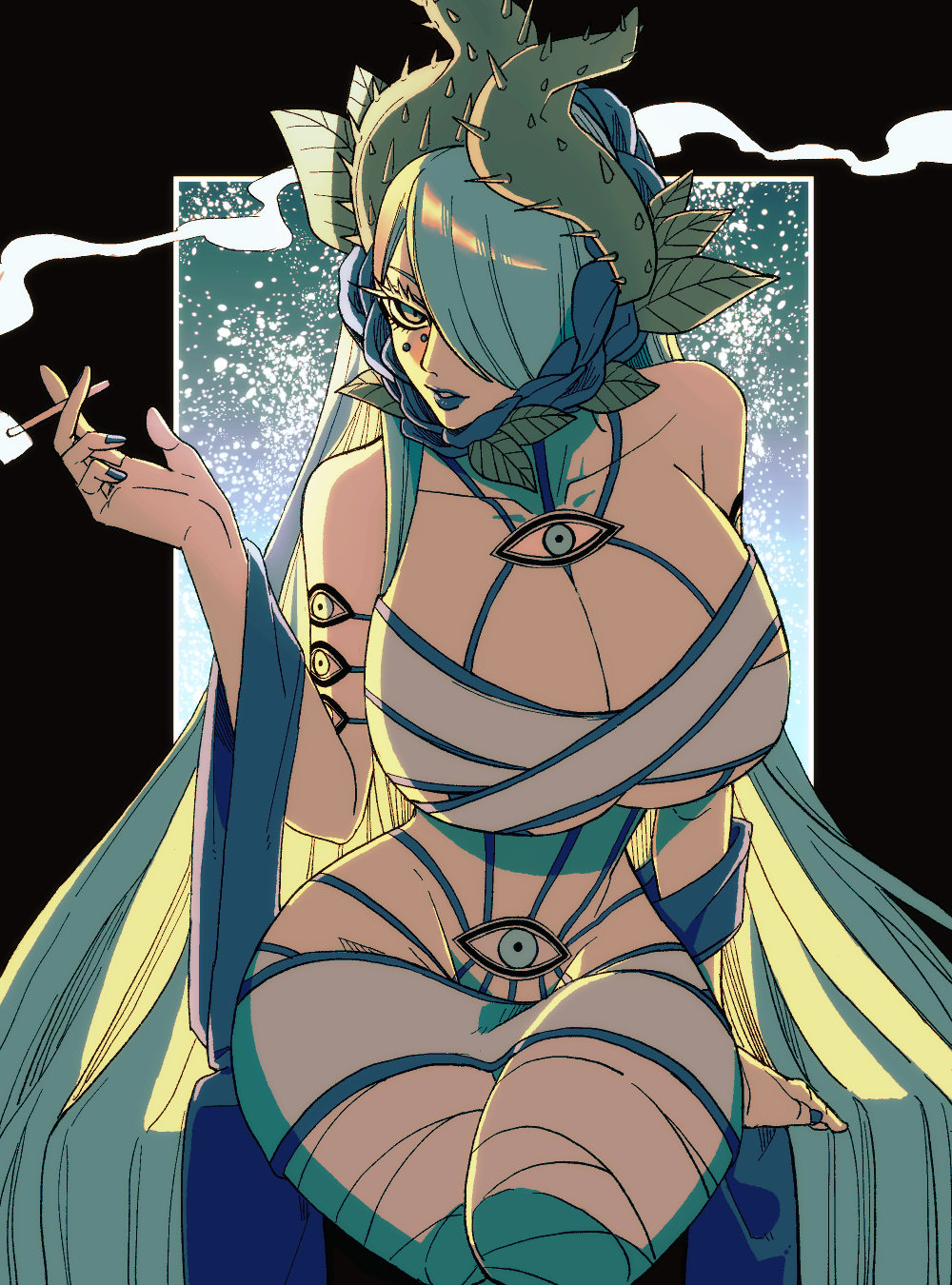 1girl, amputee, blue_hair, blue_lips, blue_nails, borrowed_character, breasts, cleavage, eyebrows, hair_over_one_eye, highres, hoshi_mitsuru, huge_breasts, kokorin_(pixiv_fantasia_age_of_starlight), long_hair, nail_polish, pixiv_fantasia, pixiv_fantasia_age_of_starlight, plant_hair, sitting, smoking, solo, tattoo, very_long_hair