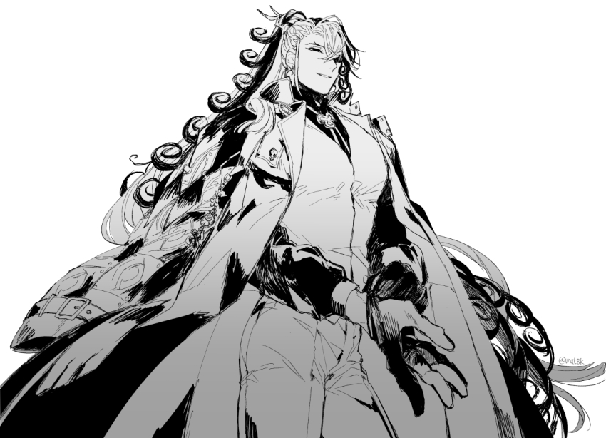 1boy, alternate_hairstyle, ashiya_douman_(fate), asymmetrical_hair, bell, black_eyes, black_hair, curly_hair