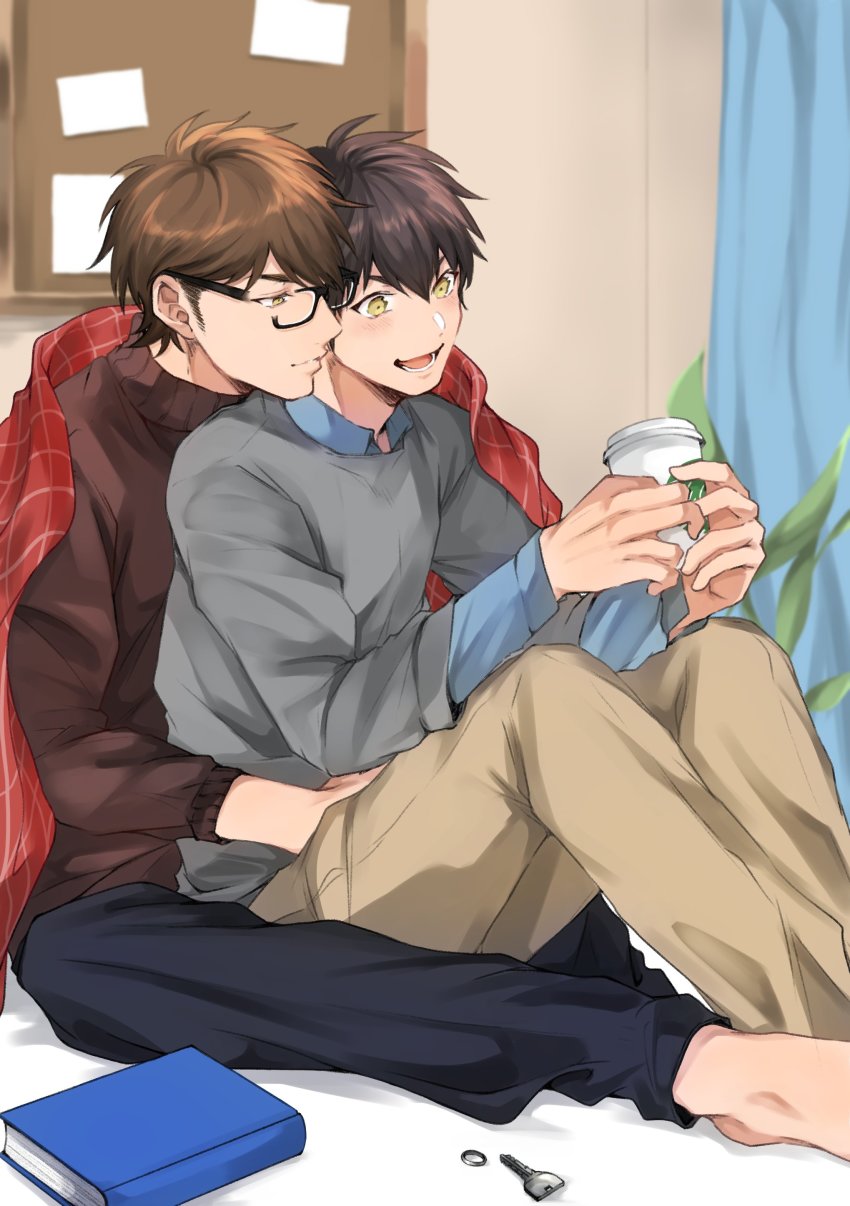 2boys, absurdres, ace_of_diamond, aiaipoponta0605, black_pants, blush, brown_eyes, brown_hair, brown_pants, brown_shirt, closed_mouth, coffee, couple, cup, disposable_coffee_cup, disposable_cup, glasses, grey_shirt, hands_on_another's_hips, highres, holding, holding_cup, hug, hug_from_behind, miyuki_kazuya, multiple_boys, open_mouth, pants, sawamura_eijun, shirt, short_hair, sideburns, sitting, smile, yaoi