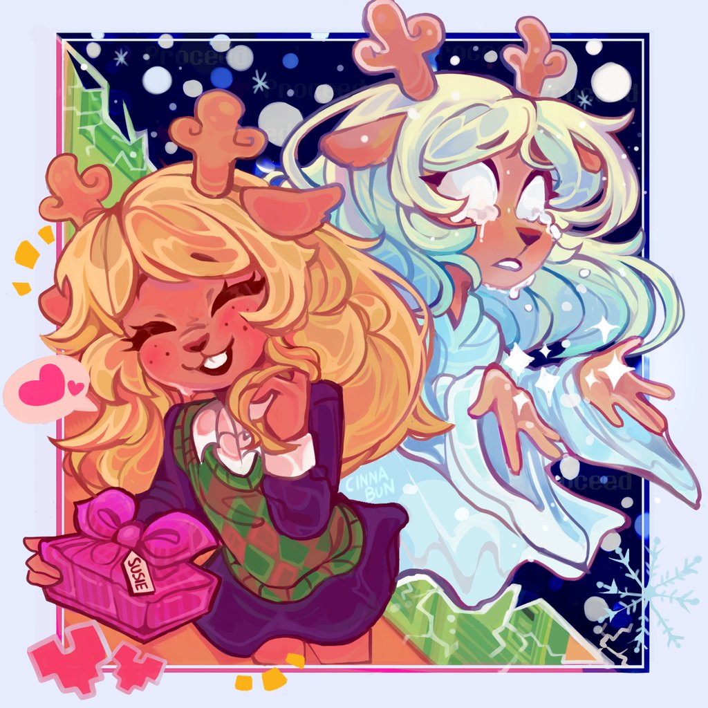 1girl, animal_ears, antlers, blonde_hair, buck_teeth, cinna_bu, closed_eyes, colored_skin, deer_ears, deer_girl, deltarune, freckles, hooves, horns, jacket, long_hair, long_sleeves, noelle_holiday, noelle_holiday_(dark_world), reindeer_girl, robe, smile, spoilers, tears, teeth, utdr_(toby_fox)