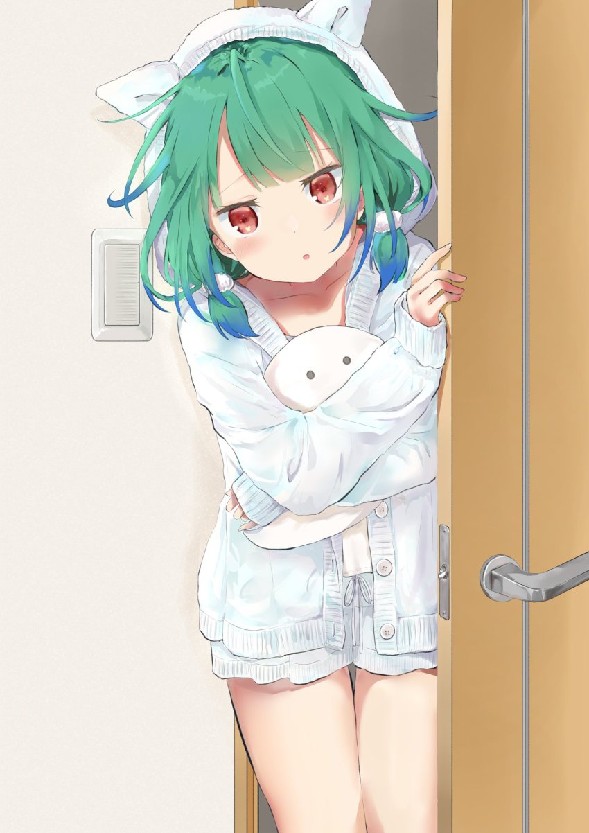 1girl, animal_hood, blue_hair, blush, cat_hood, commentary_request, door, dot_nose