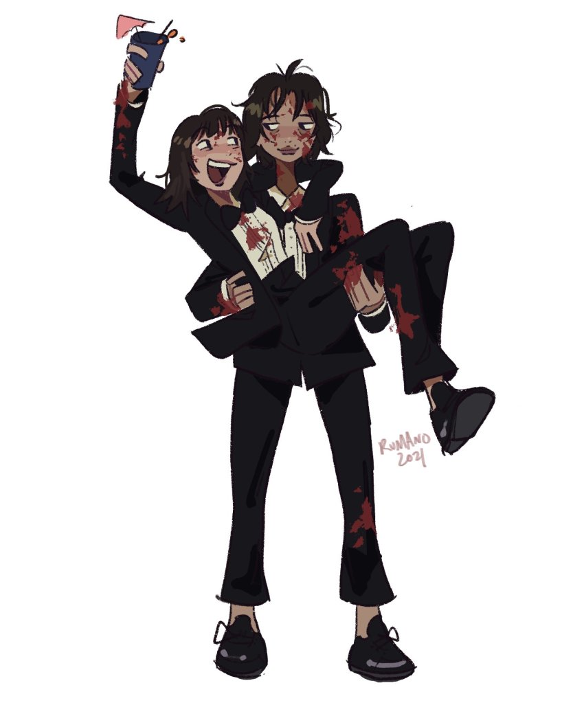 2021, 2girls, black_footwear, black_jacket, black_legwear, black_neckwear, black_pants, blood