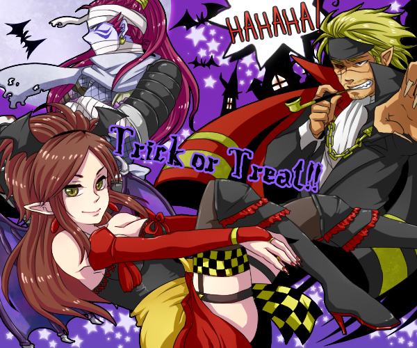 armor, bandages, bare_shoulders, bat_wings, batako_(artist), blonde_hair, bridal_gauntlets, brown_eyes, brown_hair, cape, chain, colored_skin, demon_girl, earrings, facial_hair, fuma_kotaro_(sengoku_musou), hairband, halloween, headband, high_heels, hojo_ujiyasu_(sengoku_musou), jewelry, kai_(sengoku_musou), long_hair, mummy, pointy_ears, ponytail, purple_skin, red_hair, sengoku_musou, sengoku_musou_3, shoes, short_hair, slit_pupils, smoking_pipe, thighhighs, vampire, wings