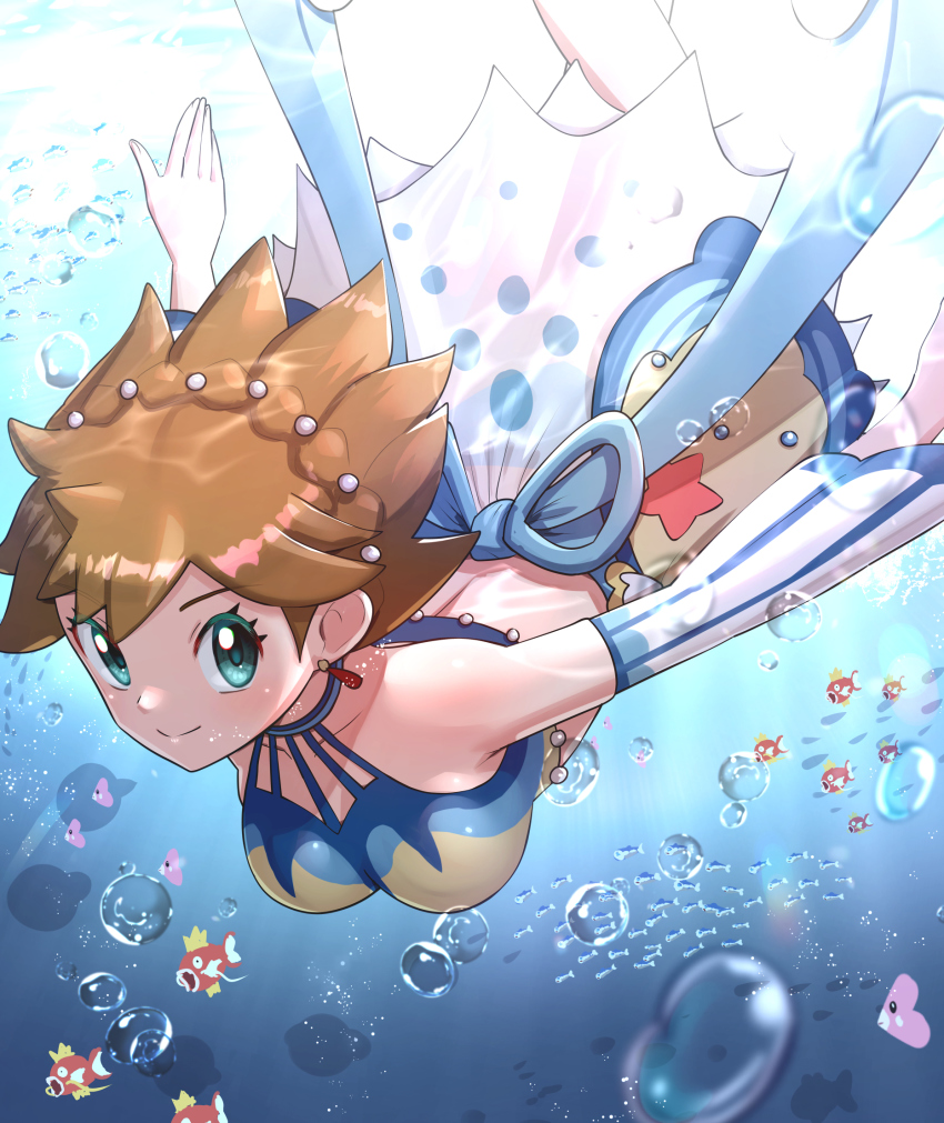 1girl, bare_shoulders, bubble, closed_mouth, collarbone, commentary_request, detached_sleeves, earrings, eyelashes, gen_1_pokemon, gen_3_pokemon, gen_7_pokemon, gonzarez, green_eyes, highres, jewelry, knees, looking_at_viewer, luvdisc, magikarp, misty_(pokemon), misty_(sygna_suit)_(pokemon), nintendo, official_alternate_costume, orange_hair, outstretched_arm, pokemon, pokemon_(creature), pokemon_masters_ex, shirt, short_hair, skirt, smile, submerged, swimming, underwater, wailmer, wishiwashi, wishiwashi_(solo)