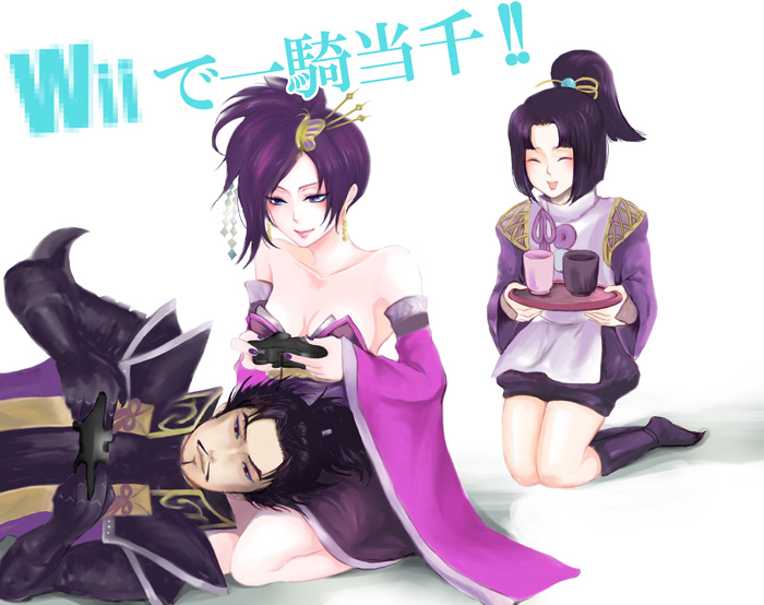 1girl, 2boys, armor, bare_shoulders, black_hair, breasts, cleavage, closed_eyes