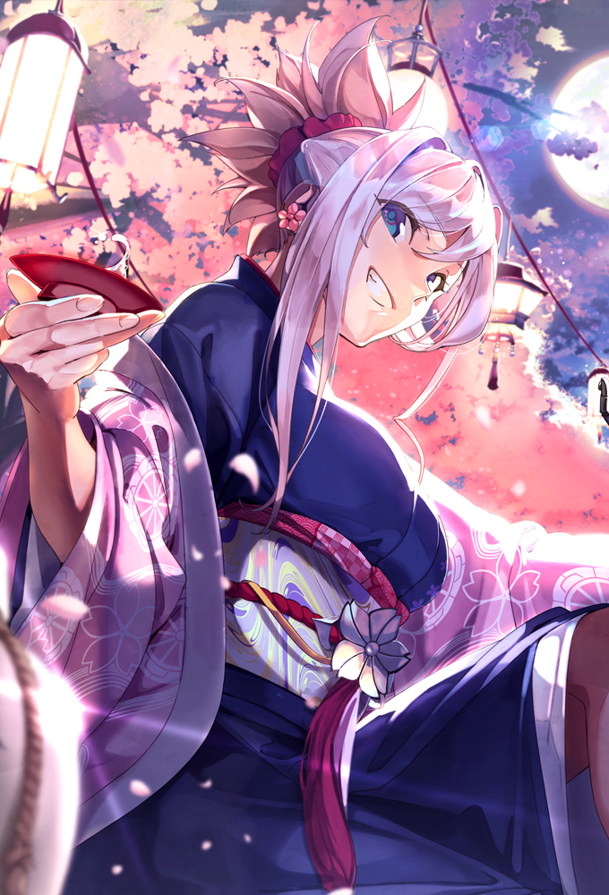 1girl, akamiso_(k074510), alcohol, alternate_costume, blue_eyes, blue_kimono, blurry, blurry_foreground