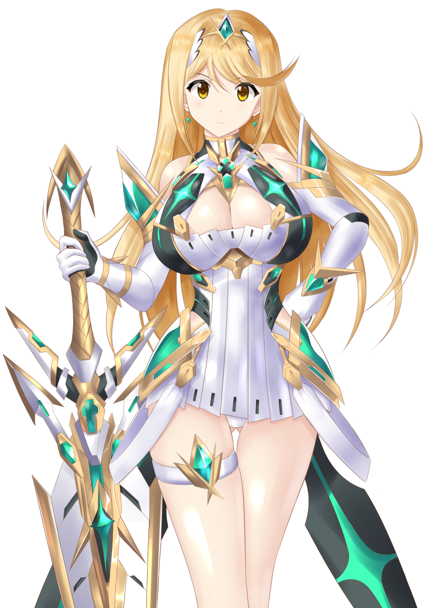 1girl, absurdres, aegis_sword_(xenoblade), bare_legs, bare_shoulders, blonde_hair, breasts, chest_jewel