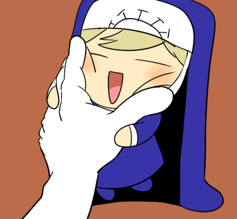 1girl, blonde_hair, blush, chibi, closed_eyes, disembodied_hand, double_(skullgirls), habit