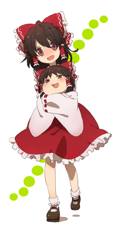 2girls, bow, female_focus, full_body, hakurei_reimu, japanese_clothes, miko, multiple_girls