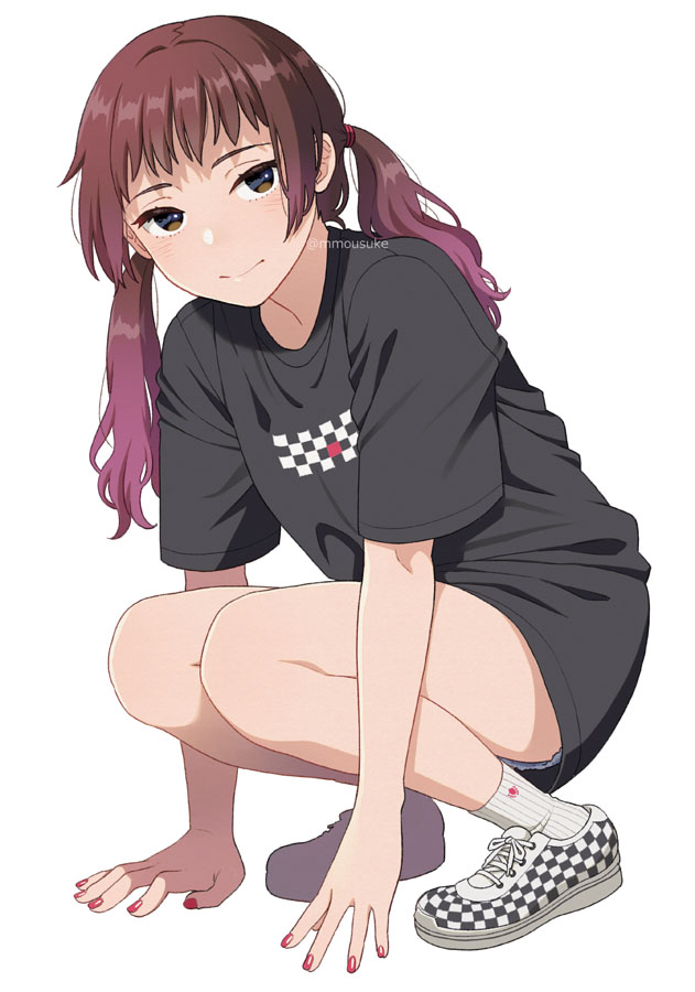 1girl, black_shirt, blue_shorts, blush, brown_eyes, brown_hair, checkered_footwear, checkered_shoes