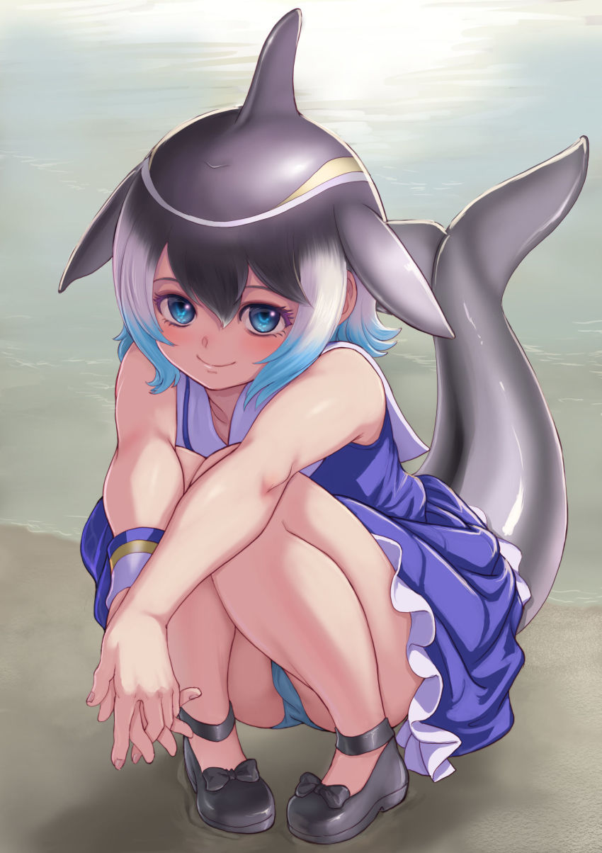 1girl, bare_arms, bare_shoulders, beach, black_hair, blonde_hair, blowhole, blue_eyes
