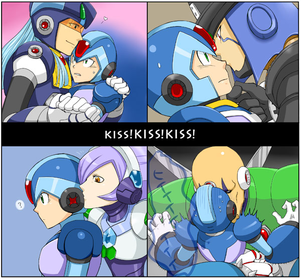 5boys, bald, blue_hair, bug, capcom, dynamo_(mega_man), facial_mark, green_eyes