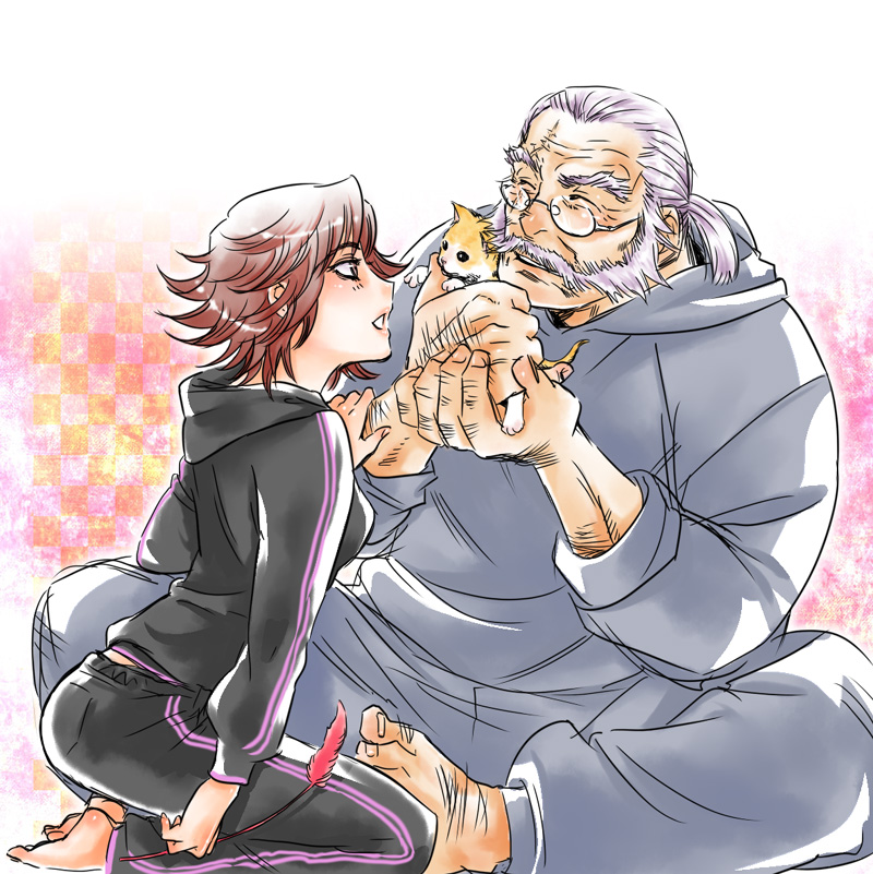1boy, 1girl, baby_animal, barefoot, beard, brown_eyes, brown_hair, cat