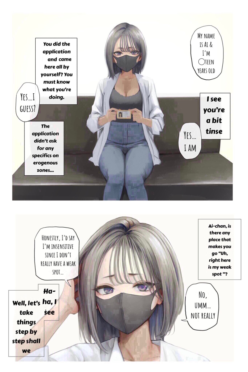 1girl, commentary, english_commentary, english_text, grey_eyes, hand_to_head, hard-translated, highres