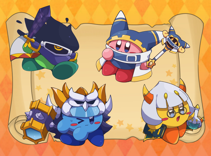 >_0, 4boys, absurdres, alternate_costume, androgynous, argyle_background, argyle_clothes, armor