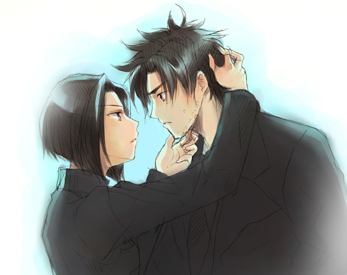 00s, 1boy, 1girl, azuma_shouko, black_eyes, black_hair, black_necktie, black_suit