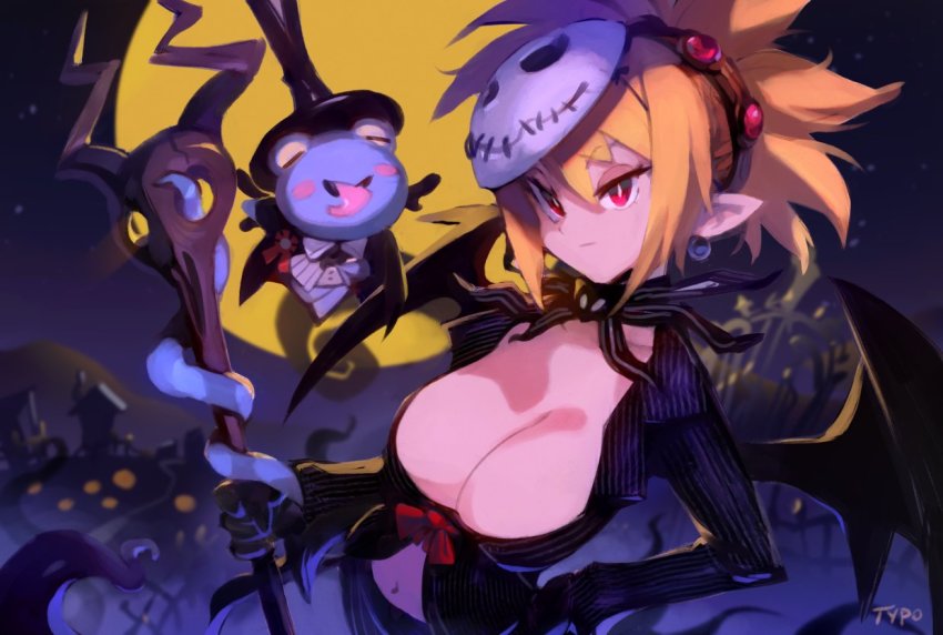 1girl, artist_name, bat_wings, blonde_hair, breasts, cleavage, commentary, cosplay, disgaea, earrings, english_commentary, full_moon, hair_between_eyes, halloween, hand_on_own_hip, holding, holding_staff, jack_skellington, jack_skellington_(cosplay), jewelry, large_breasts, long_sleeves, makai_senki_disgaea_2, mask, mask_on_head, moon, navel, night, nightmare_before_christmas, optionaltypo, pointy_ears, red_eyes, rozalin, spiked_hair, staff, tink_(disgaea), wings