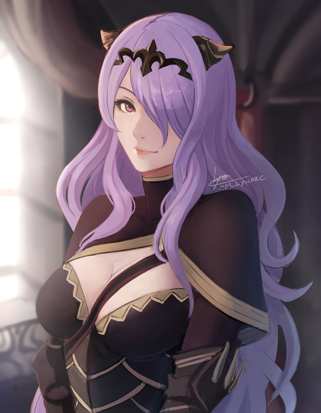 1girl, black_capelet, breasts, camilla_(fire_emblem), capelet, circlet, cleavage, closed_mouth
