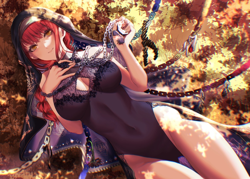 1girl, absurdres, black_one-piece_swimsuit, black_veil, blurry, blush, braid, braided_ponytail, breasts, brown_eyes, chain, chainsaw_man, cleavage, cleavage_cutout, closed_mouth, clothing_cutout, dappled_sunlight, depth_of_field, dr_unk2020, hair_between_eyes, halterneck, highleg, highleg_one-piece_swimsuit, highres, holding, large_breasts, long_hair, looking_at_viewer, makima_(chainsaw_man), nun, nun_headdress, one-piece_swimsuit, red_hair, single_braid, smile, solo, sunlight, swimsuit, thigh_gap, thighs, veil