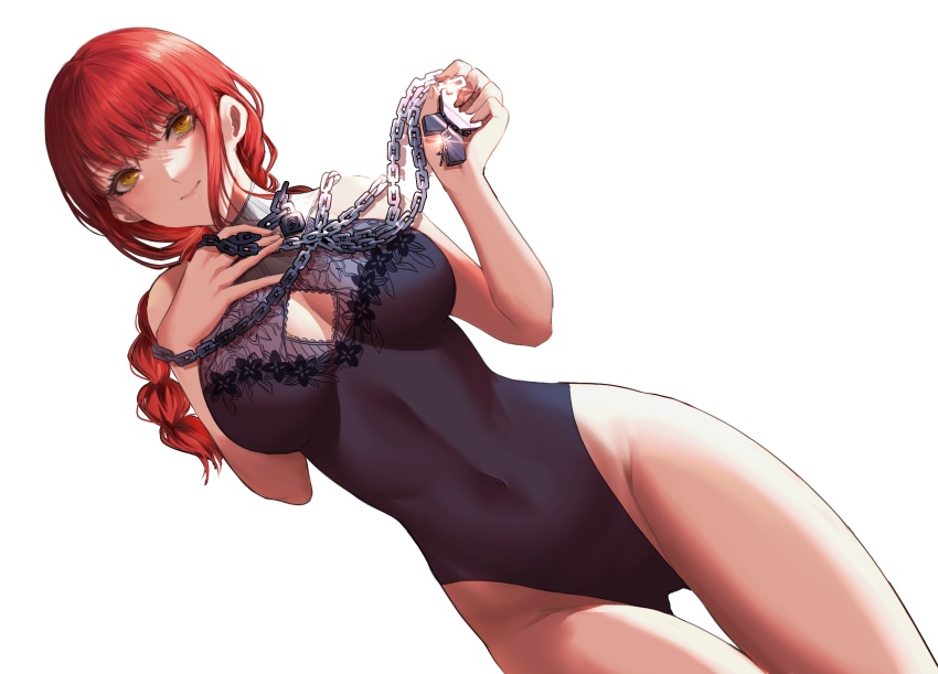 1girl, absurdres, black_one-piece_swimsuit, braid, braided_ponytail, breasts, chain, chainsaw_man, cleavage, closed_mouth, covered_navel, dr_unk2020, hair_between_eyes, halterneck, highleg, highleg_one-piece_swimsuit, highres, large_breasts, long_hair, looking_at_viewer, lying, makima_(chainsaw_man), on_back, one-piece_swimsuit, ponytail, red_hair, simple_background, single_braid, smile, solo, swimsuit, thigh_gap, thighs, white_background, yellow_eyes