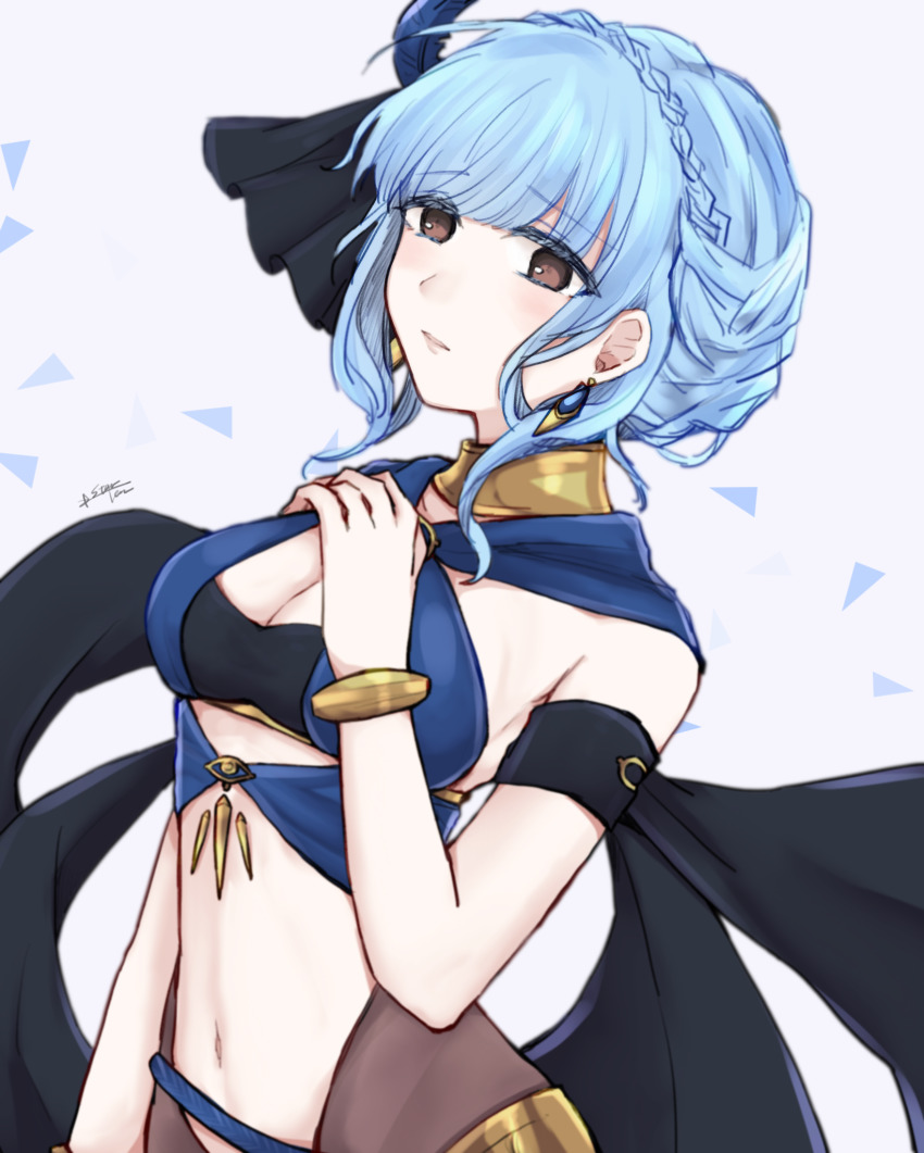 1girl, alternate_costume, arm_strap, blue_hair, blush, bracelet, braid, breasts, brown_eyes, cleavage, cosplay, crown_braid, dancer, dorothea_arnault, dorothea_arnault_(cosplay), dorothea_arnault_(plegian), earrings, fire_emblem, fire_emblem:_three_houses, fire_emblem_heroes, highres, jewelry, marianne_von_edmund, medium_breasts, medium_hair, midriff, misato_hao, navel, nintendo, signature, solo, standing, stomach, upper_body, white_background