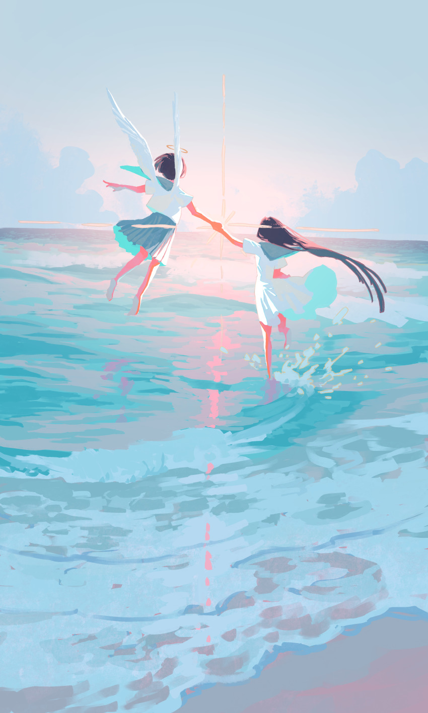 2girls, absurdres, angel, angel_wings, barefoot, black_hair, clothes_lift, cloud