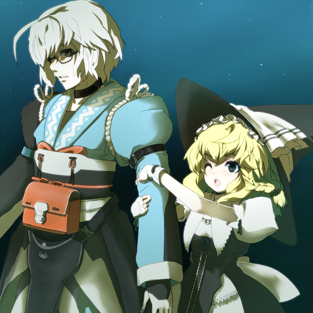 1boy, 1girl, ahoge, arm_grab, artist_request, belt, black_eyes, blonde_hair, bow, braid, choker, curiosities_of_lotus_asia, glasses, hair_bow, hat, kinugawamiyabi, kirisame_marisa, long_hair, long_sleeves, morichika_rinnosuke, one_eye_closed, open_mouth, pouch, ribbon, short_hair, silver_hair, single_braid, touhou, wink, witch, witch_hat