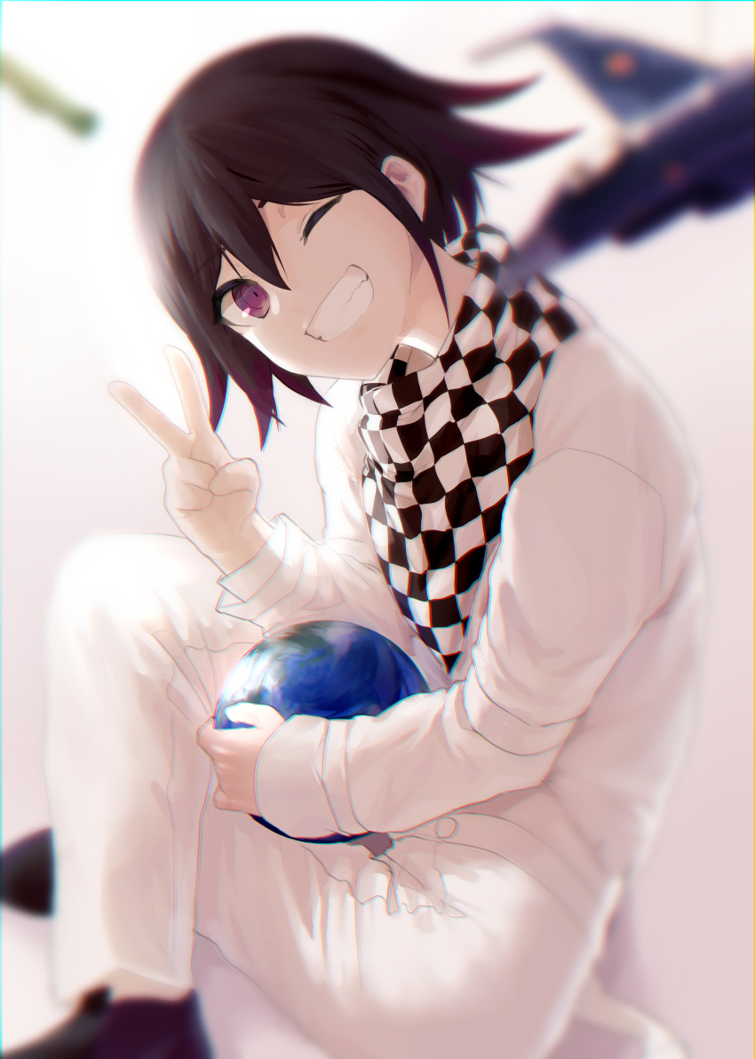 1boy, absurdres, ball, black_hair, black_scarf, blurry, blurry_background, blurry_foreground