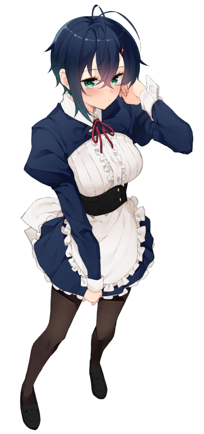 1girl, absurdres, antenna_hair, aoi_saki, apron, black_pantyhose, black_shoes, blue_hair