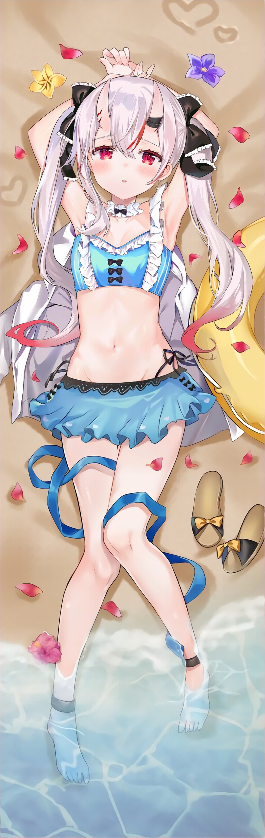 1girl, absurdres, bare_shoulders, bikini, bikini_skirt, bikini_top_only, black_bow, blue_bikini