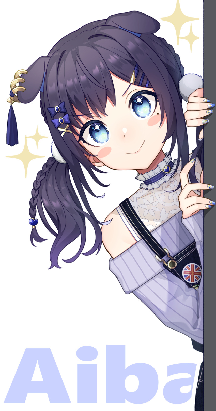 1girl, aiba_uiha, aiba_uiha_(2nd_costume), animal_ears, black_hair, blue_eyes, blush_stickers, bow