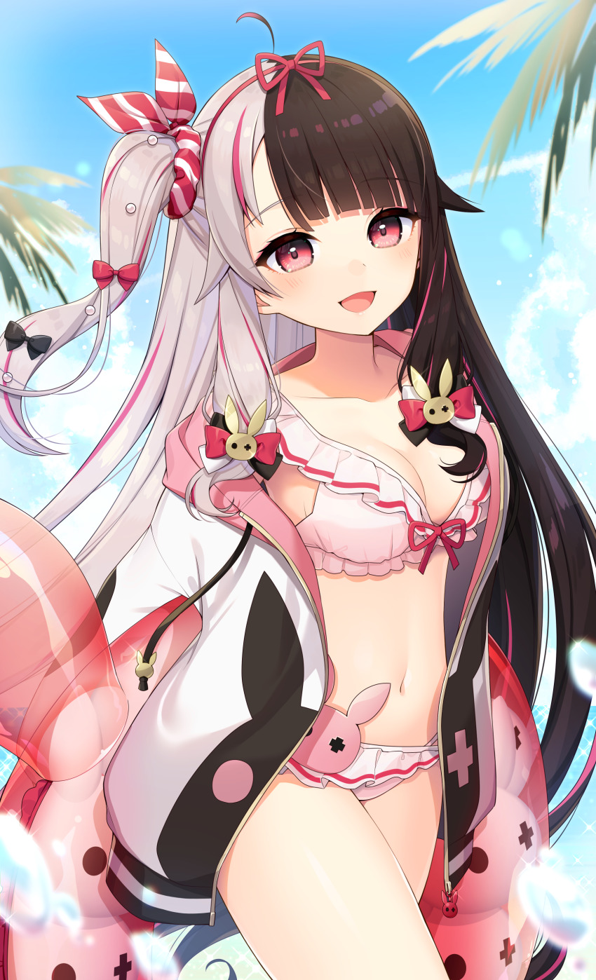 1girl, :d, absurdres, ahoge, bikini, black_bow, blue_sky, bow