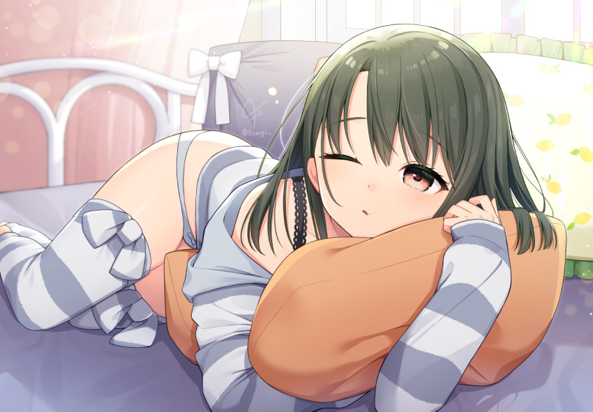1girl, green_hair, hugging_object, konogi_nogi, long_sleeves, looking_at_viewer, medium_hair, on_bed
