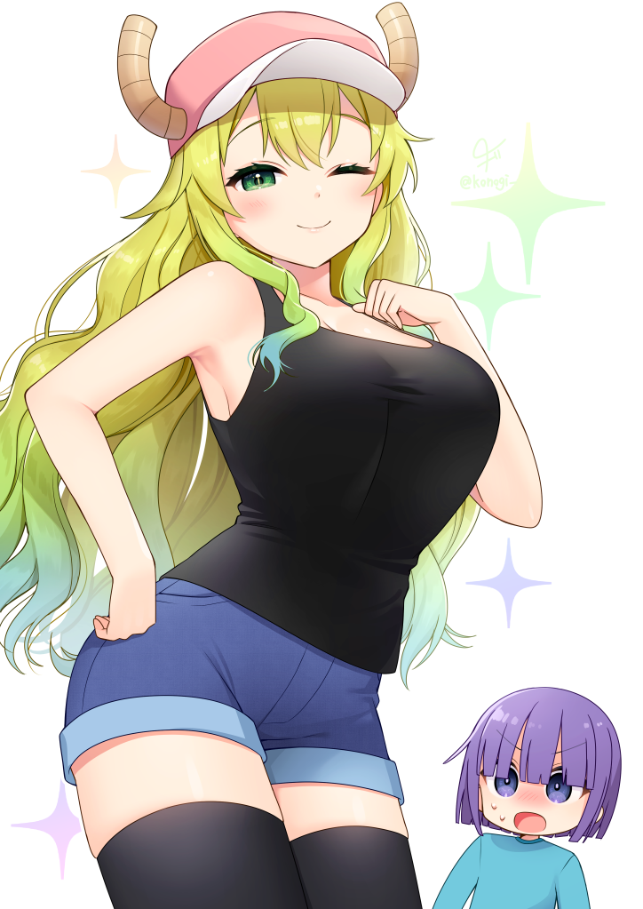 1boy, 1girl, bare_arms, black_shirt, black_thighhighs, blonde_hair, blouse, blue_shirt, blue_shorts, blush, breasts, cleavage, closed_mouth, contrapposto, gradient_hair, green_eyes, hand_on_own_hip, hat, horns, horns_through_headwear, kobayashi-san_chi_no_maidragon, konogi_nogi, large_breasts, long_hair, looking_at_viewer, lucoa_(maidragon), magatsuchi_shouta, medium_hair, multicolored_hair, one_eye_closed, open_mouth, pink_headwear, purple_eyes, purple_hair, shirt, shorts, sleeveless, sleeveless_shirt, smile, sparkle, thighhighs, very_long_hair, wide-eyed
