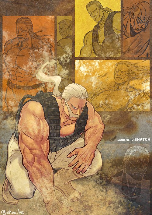 1boy, bara, bare_arms, bare_shoulders, beige_pants, boku_no_hero_academia, character_name, collage