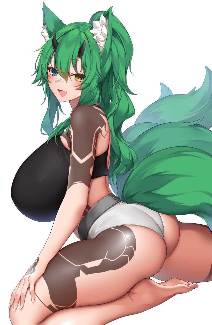 1girl, :d, animal_ear_fluff, animal_ears, ass, protagonist_(pso2), bandaid, bandaid_on_face, bandaid_on_nose, bare_legs, barefoot, blue_eyes, blush, breasts, commission, deuman, fox_ears, fox_tail, from_side, green_hair, grey_panties, hair_between_eyes, heterochromia, highres, horns, huge_breasts, long_hair, looking_at_viewer, looking_to_the_side, multiple_tails, open_mouth, original, panties, phantasy_star, phantasy_star_online_2, ponytail, simple_background, skeb_commission, smile, solo, suruga_(xsurugax), tail, tsutsune_(pyobbo), underwear, white_background, yellow_eyes