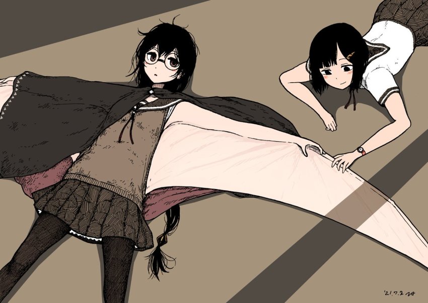 2girls, black_cape, black_hair, black_legwear, cape, collar, dated, female_focus